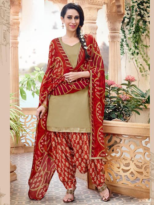 beige cotton unstitched suit - 10311067 - Very Small Image - 1