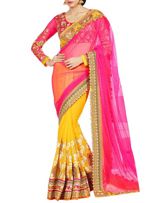 pink and yellow georgette saree - 10316957 - Very Small Image - 1