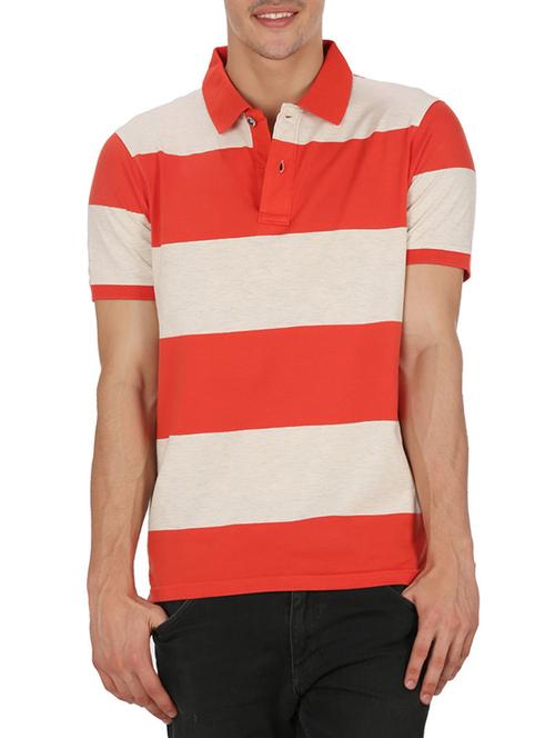 coral- off white colored, cotton yarn dyed stripes polo t- shirt - 10362948 - Very Small Image - 1