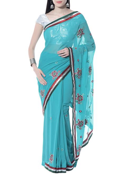 xclusive chhabra by puneet sky blue embroidered georgette saree - 10366370 - Very Small Image - 1