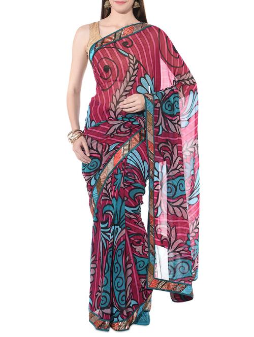 xclusive chhabra by puneet cardinal pink floral print georgette saree - 10366394 - Very Small Image - 1