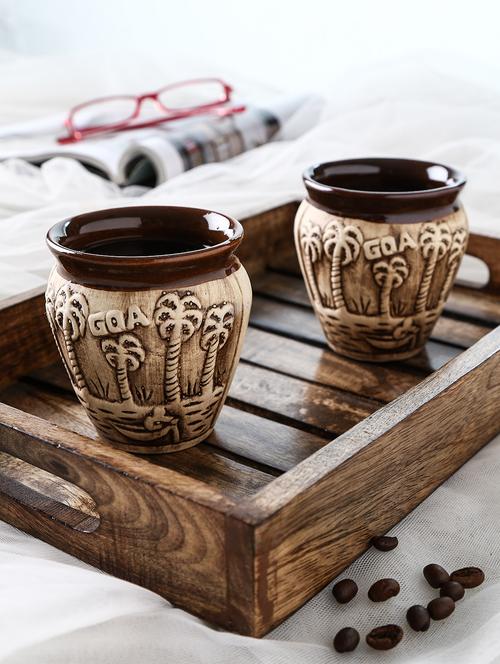 handcrafted ceramic kulhar cups with matching wooden tray -set of 6 - 10399887 - Very Small Image - 1