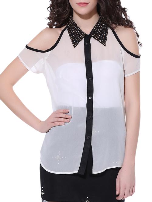white embellished cold shoulder shirt - 10421806 - Very Small Image - 1