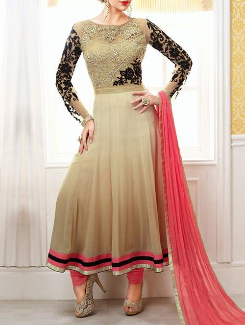beige georgette unstitched suit - 10427363 - Very Small Image - 1