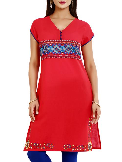 red cotton straight kurta - 10436225 - Very Small Image - 1