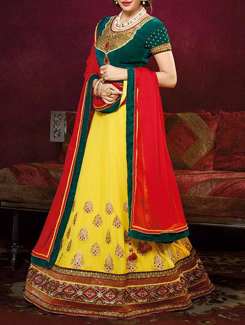 yellow georgette flared lehenga - 10451763 - Very Small Image - 1