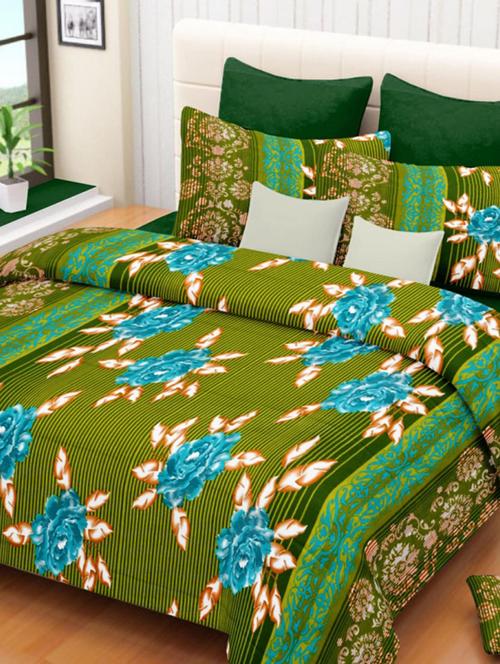 valtellina floral green cotton double bed sheet with 2 pillow cover - tc-250 - 10458944 - Very Small Image - 1