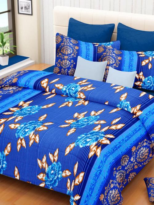 valtellina floral blue cotton double bed sheet with 2 pillow cover - tc-250 - 10458946 - Very Small Image - 1