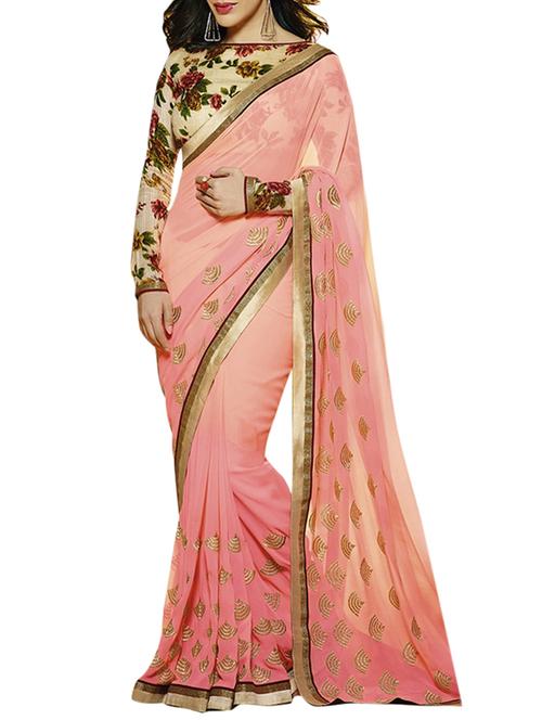 wheat, pink georgette saree - 10479777 - Very Small Image - 1