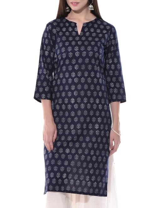 Navy Blue Printed Cotton Kurta - 10509758 - Very Small Image - 1