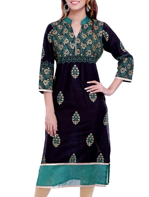 black block printed cotton kurta - 10516965 - Very Small Image - 1