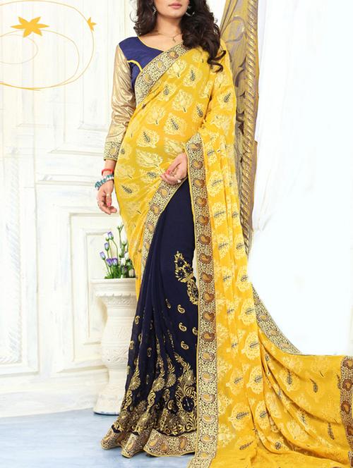 navy, yellow georgette saree - 10522347 - Very Small Image - 1