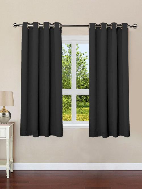 lushomes pirate black plain cotton curtains with 8 eyelets & plain tiebacks for windows - 10550822 - Very Small Image - 1
