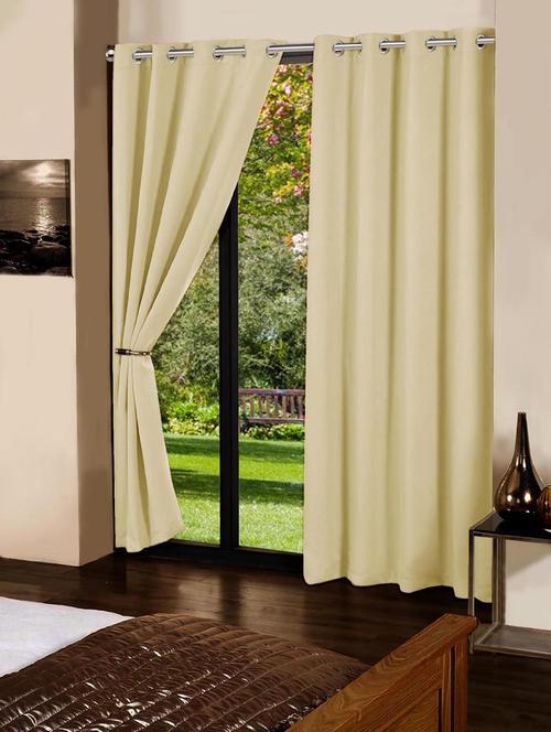 lushomes ecru plain cotton curtains with 8 eyelets & plain tiebacks for door - 10550834 - Very Small Image - 1
