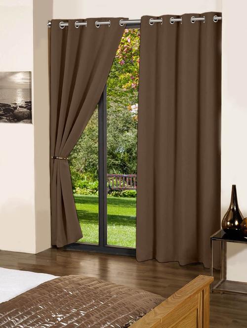 lushomes french roast plain cotton curtains with 8 eyelets & plain tiebacks for door - 10550835 - Very Small Image - 1