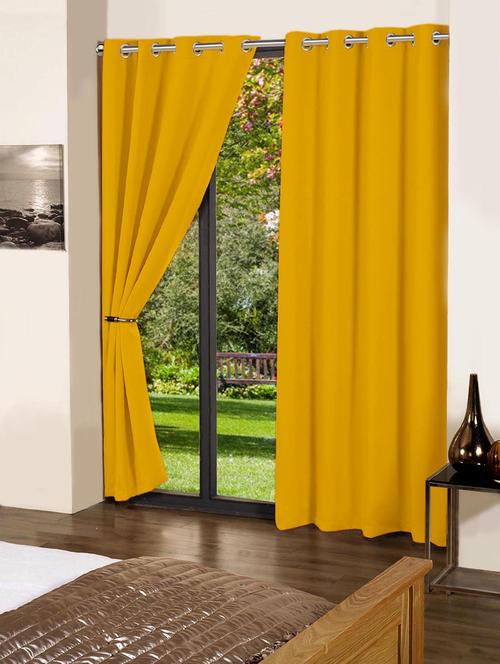 lushomes lemon chrome plain cotton curtains with 8 eyelets & plain tiebacks for door - 10550836 - Very Small Image - 1