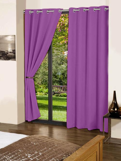 lushomes royal lilac plain cotton curtains with 8 eyelets & plain tiebacks for door - 10550841 - Very Small Image - 1
