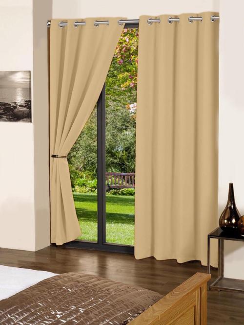 lushomes sand plain cotton curtains with 8 eyelets & plain tiebacks for door - 10550842 - Very Small Image - 1