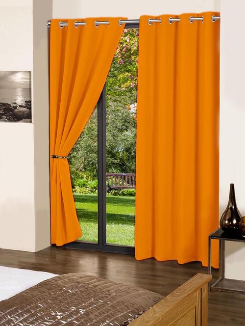 lushomes sun orange plain cotton curtains with 8 eyelets & plain tiebacks for door - 10550845 - Very Small Image - 1