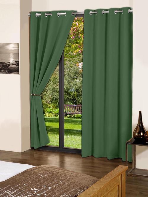 lushomes vineyard green plain cotton curtains with 8 eyelets & plain tiebacks for door - 10550847 - Very Small Image - 1