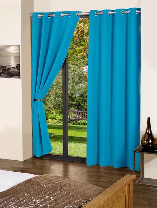 lushomes bachelor button plain cotton curtains with 8 eyelets & plain tiebacks for long door - 10550848 - Very Small Image - 1
