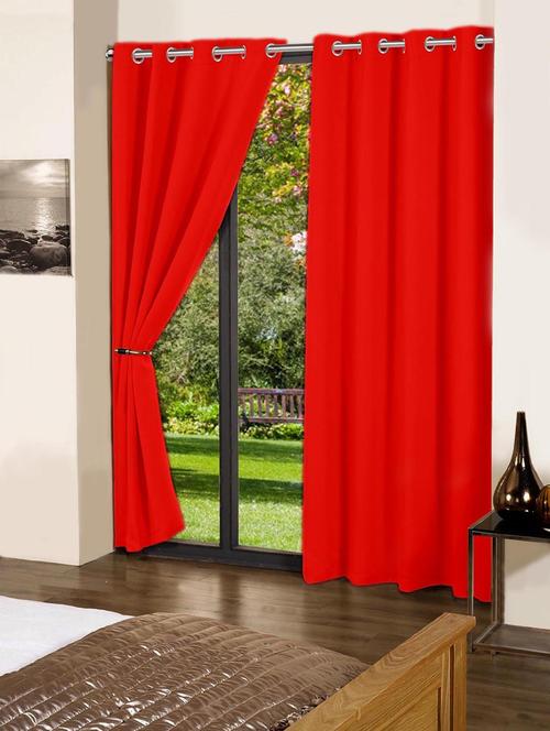 lushomes tomato plain cotton curtains with 8 eyelets & plain tiebacks for long door - 10550862 - Very Small Image - 1