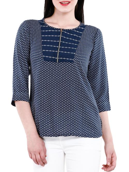 navy blue, white viscose, cotton top - 10551018 - Very Small Image - 1