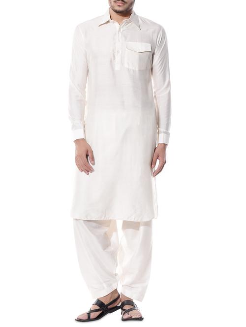 White Solid Silk Pathani Kurta - 10551801 - Very Small Image - 1
