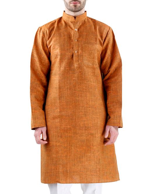 yellow khadi cotton long  kurta - 10568817 - Very Small Image - 1