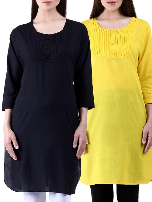 set of 2 black , yellow color cotton regular kurta - 10571433 - Very Small Image - 1