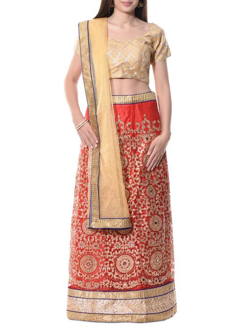 rust embroidered unstitched lehenga set - 10597898 - Very Small Image - 1