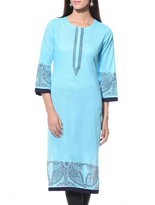 Turquoise printed round neck cotton kurta - 10619382 - Very Small Image - 1