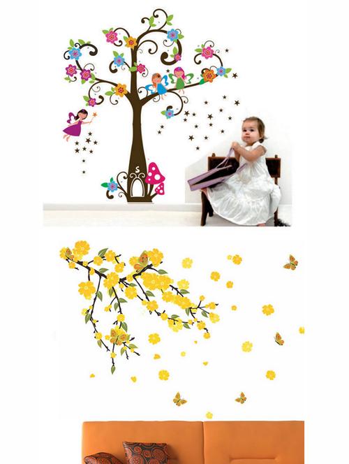 angel girl tree and yellow flowers branch combo wall stickers - 10628246 - Very Small Image - 1