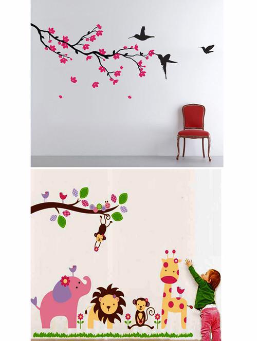 cartoon animals and hummingbirds blossoms combo wall stickers - 10628260 - Very Small Image - 1