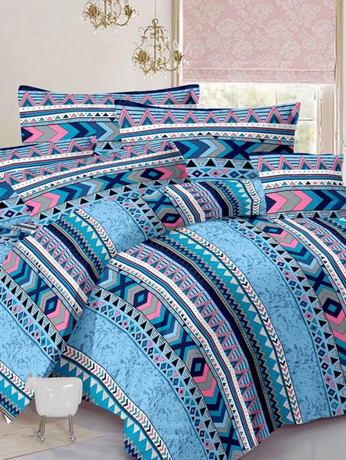 valtellina traditional blue cotton double bed sheet with 2 pillow cover - tc-250 - 10630315 - Very Small Image - 1