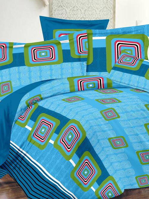 valtellina geometric blue cotton double bed sheet with 2 pillow cover - tc-250 - 10630404 - Very Small Image - 1