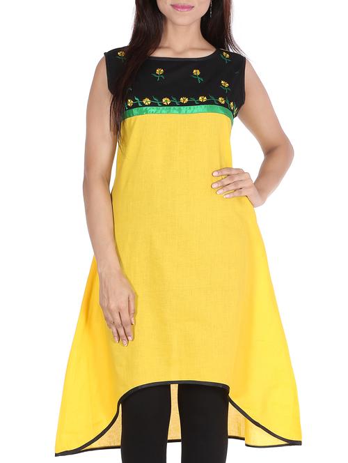 yellow cotton embroidered high-low kurta - 10660234 - Very Small Image - 1