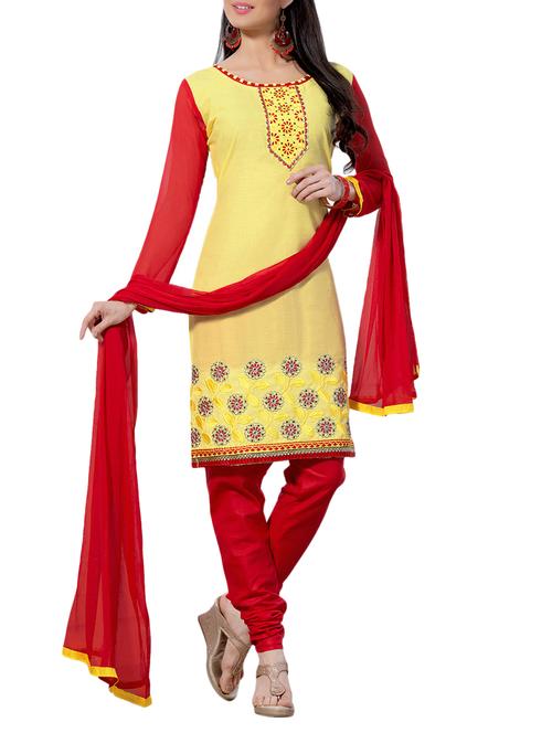 yellow, red cotton unstitched suit - 10665061 - Very Small Image - 1