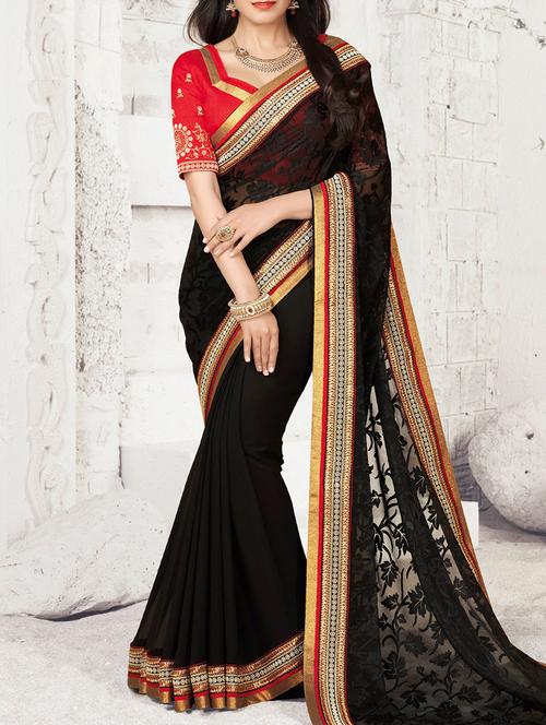 black poly georgette brasoo saree with blouse - 10686687 - Very Small Image - 1