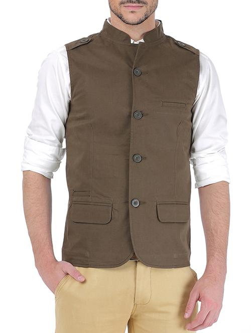 green cotton elastane nehru jacket - 10689721 - Very Small Image - 1