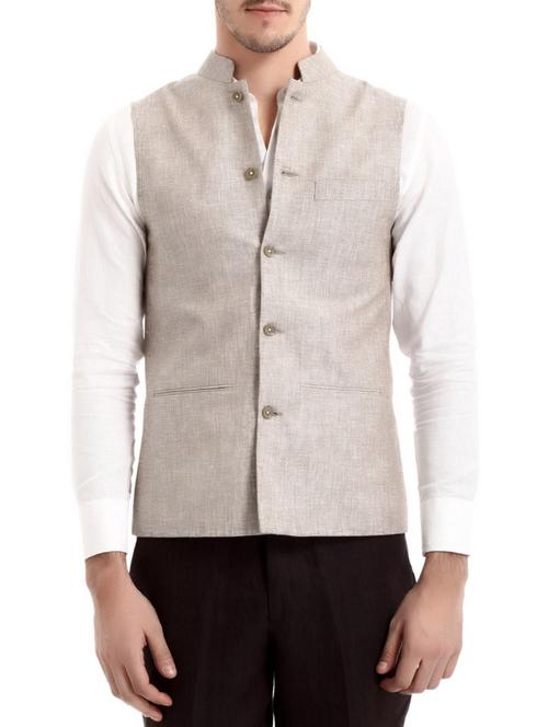 brown linen nehru jacket - 10700965 - Very Small Image - 1
