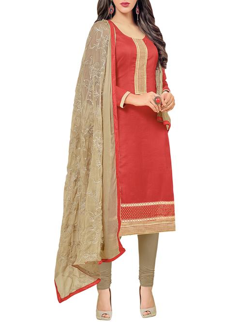 red chanderi unstitched suit - 10738301 - Very Small Image - 1
