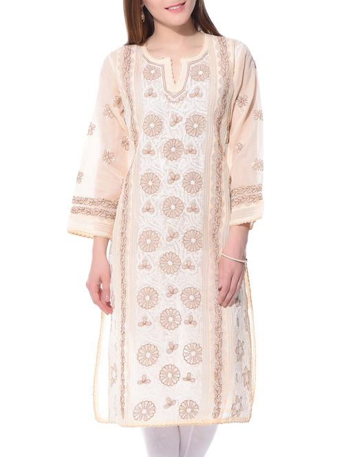 pastel beige chikankari cotton kurta - 10751489 - Very Small Image - 1