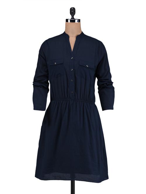 mandarin collar solid blue viscose dress - 1077500 - Very Small Image - 1