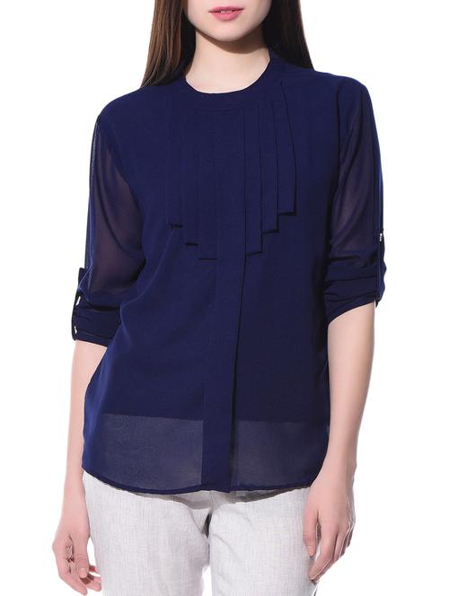 pleated poly georgette blue top - 10790724 - Very Small Image - 1