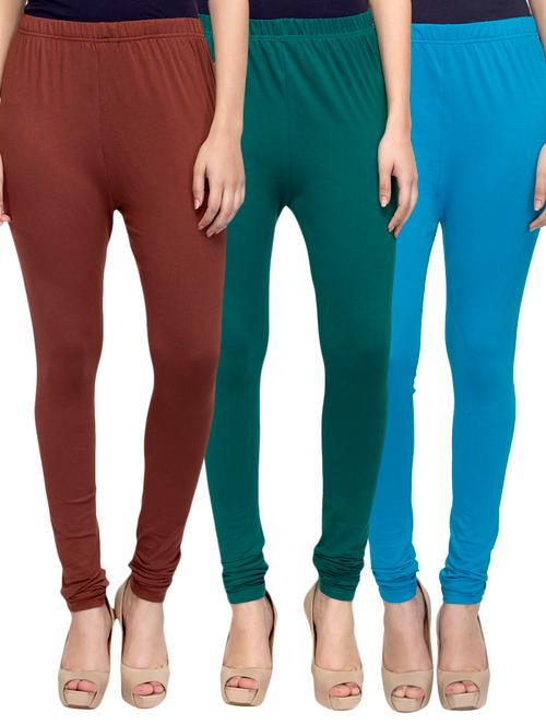 cotton lycra solid leggings (set of 3) - 10797233 - Very Small Image - 1