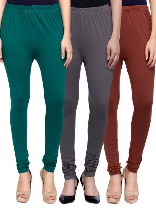 cotton lycra solid leggings (set of 3) - 10797244 - Very Small Image - 1