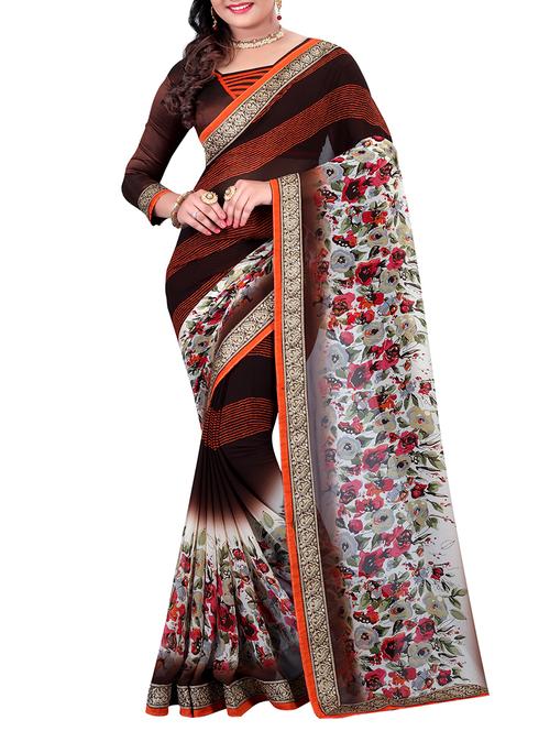 brown, red, black georgette saree - 10800526 - Very Small Image - 1