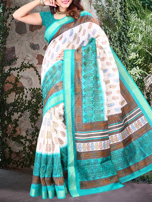 white,turquoise cotton saree - 10801294 - Very Small Image - 1