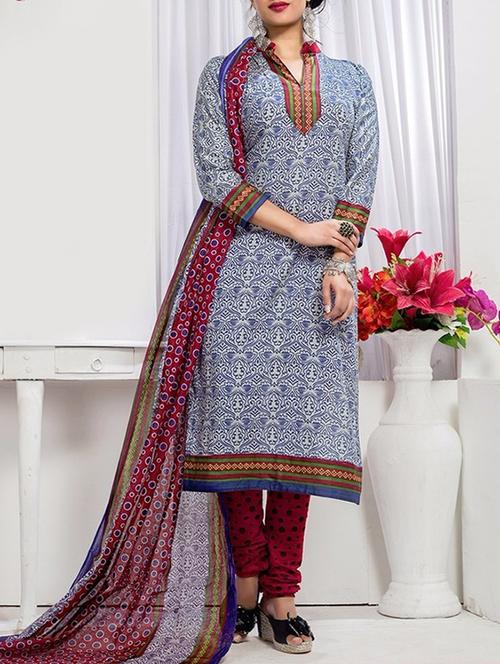 blue and white cotton unstitched suit - 10809979 - Very Small Image - 1